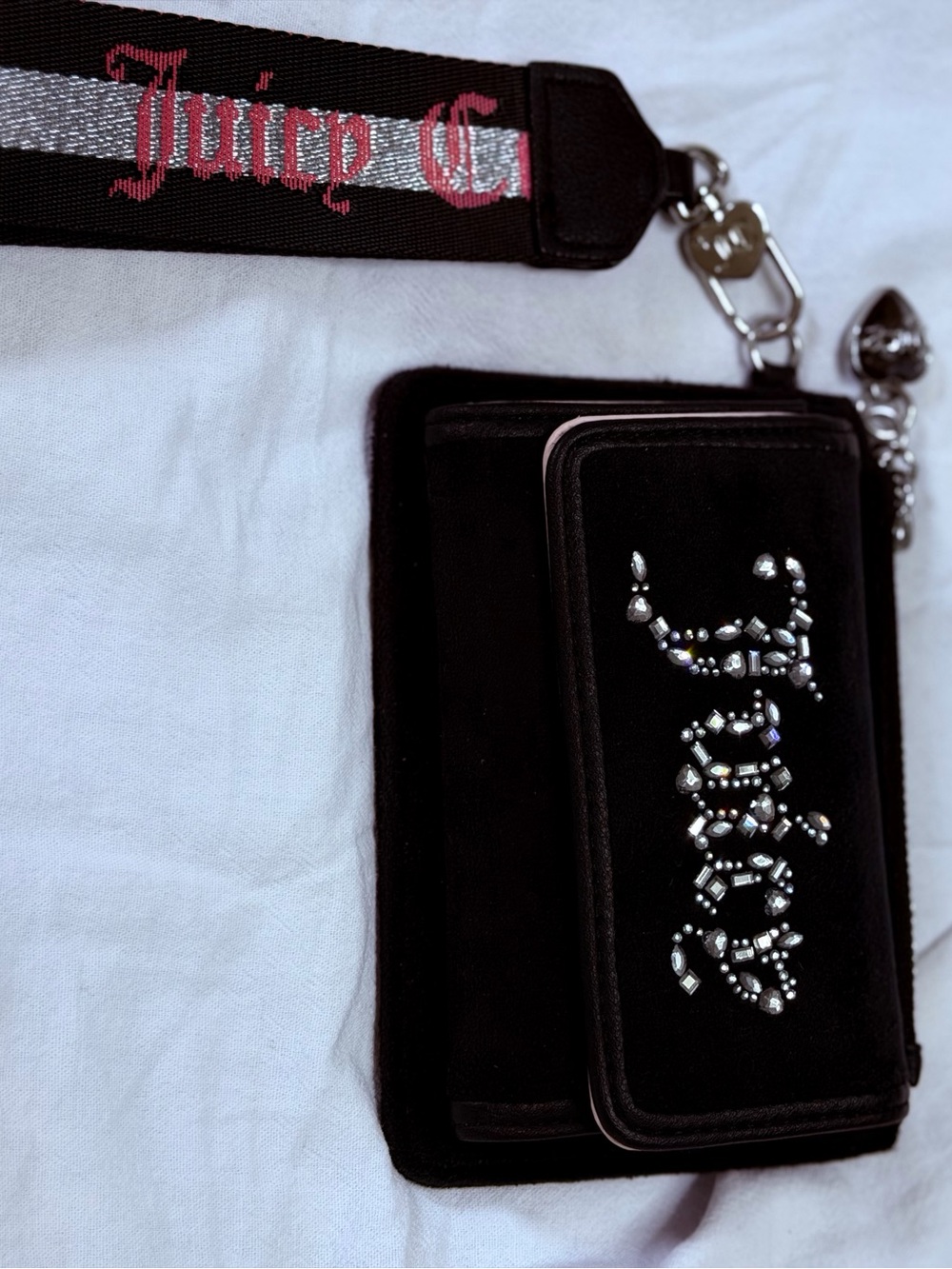 Juicy Couture Black Velvet Wallet with Jeweled Logo and Pink-Accented Strap